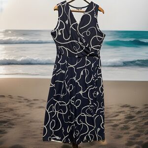 Nina Leonard Nautical Jumpsuit L Navy Blue Stretch Wide Leg Sleeveless Tie Waist